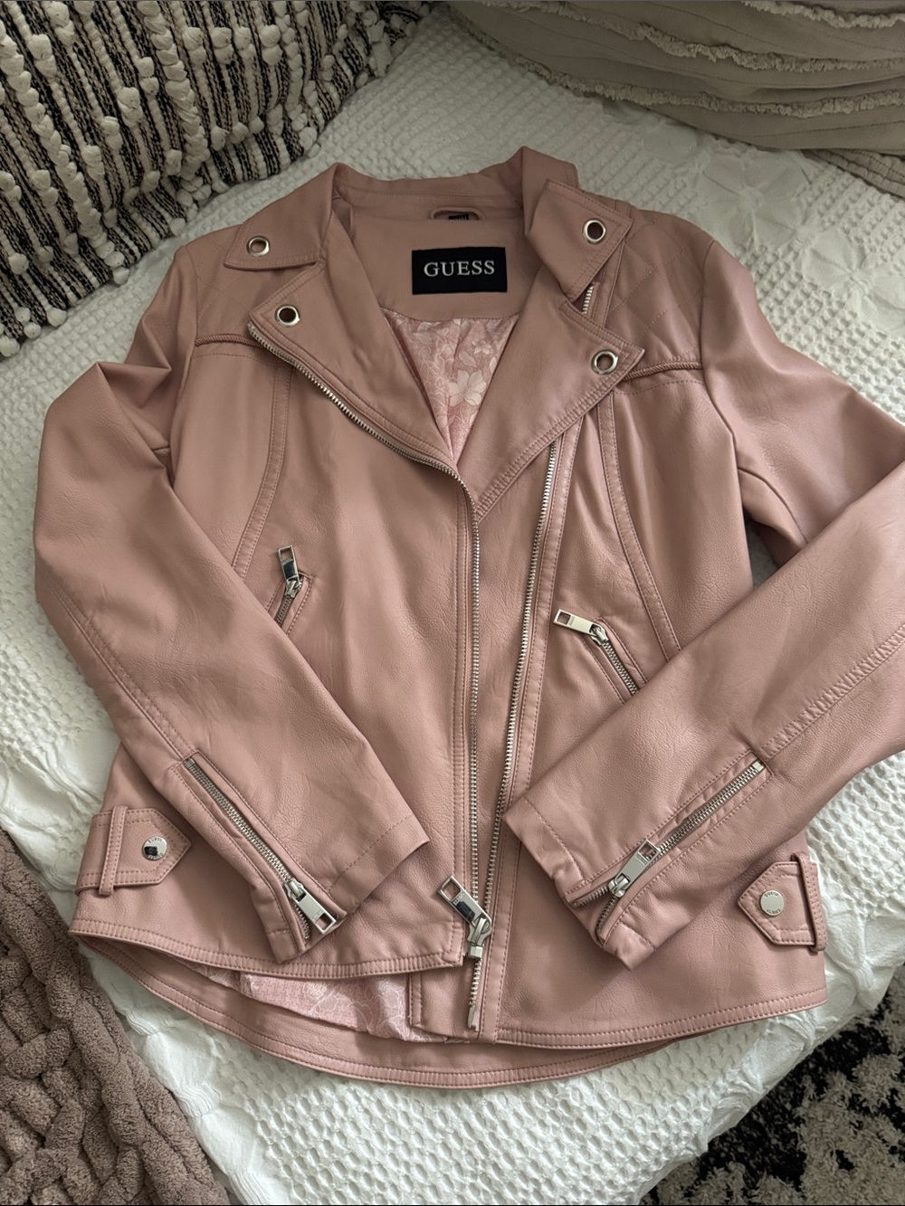 GUESS Pink Faux Leather Moto Jacket with Silver Hardware